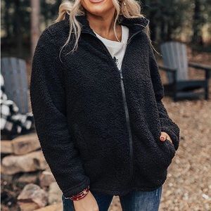 black teddy sherpa jacket long sleeve zip coat sweater fleece